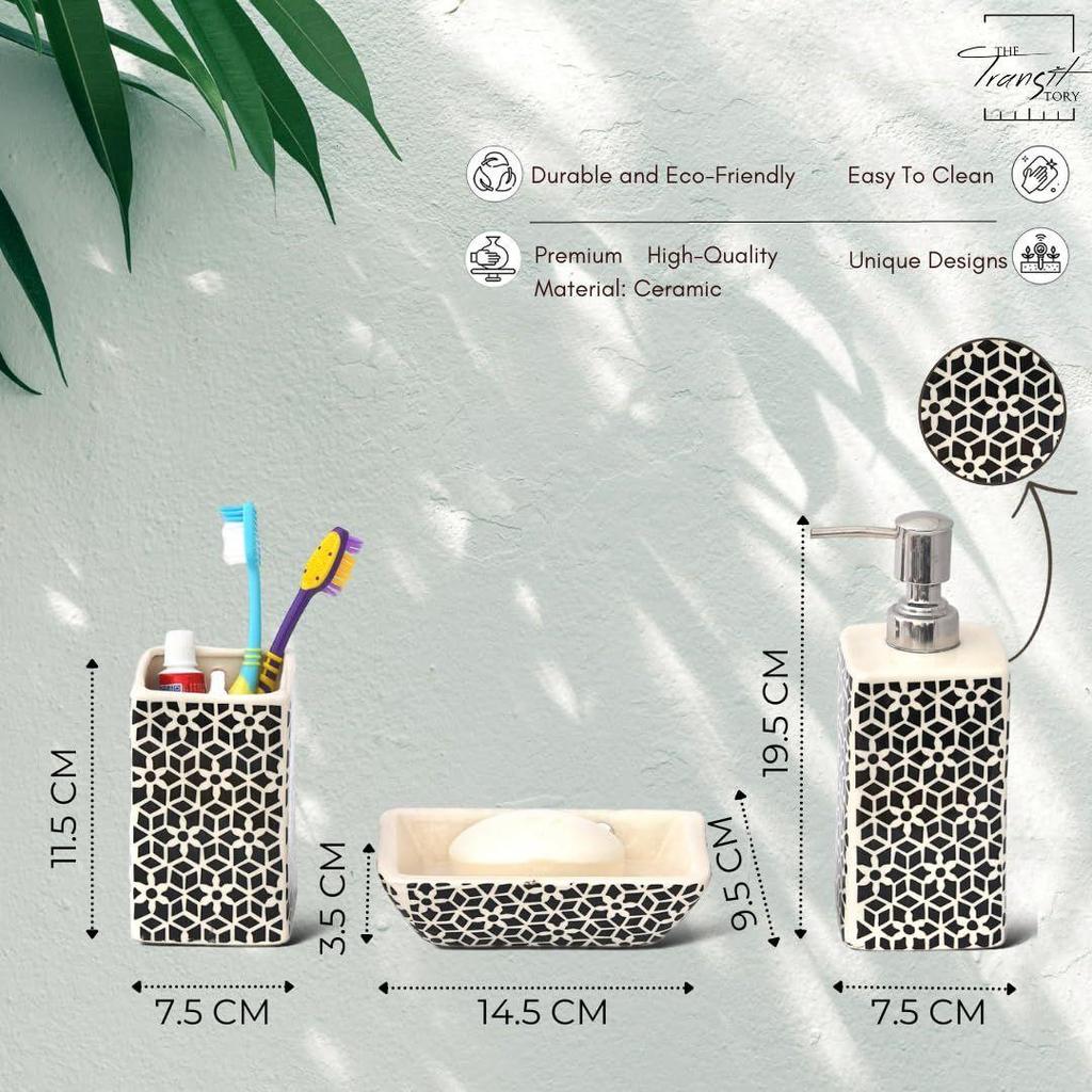 Ceramic Bathroom Accessories Set of 3 | Modern Luxury Bath Set with 300ml Soap Dispenser, Toothbrush Holder & Soap Dish | Home Decor Items