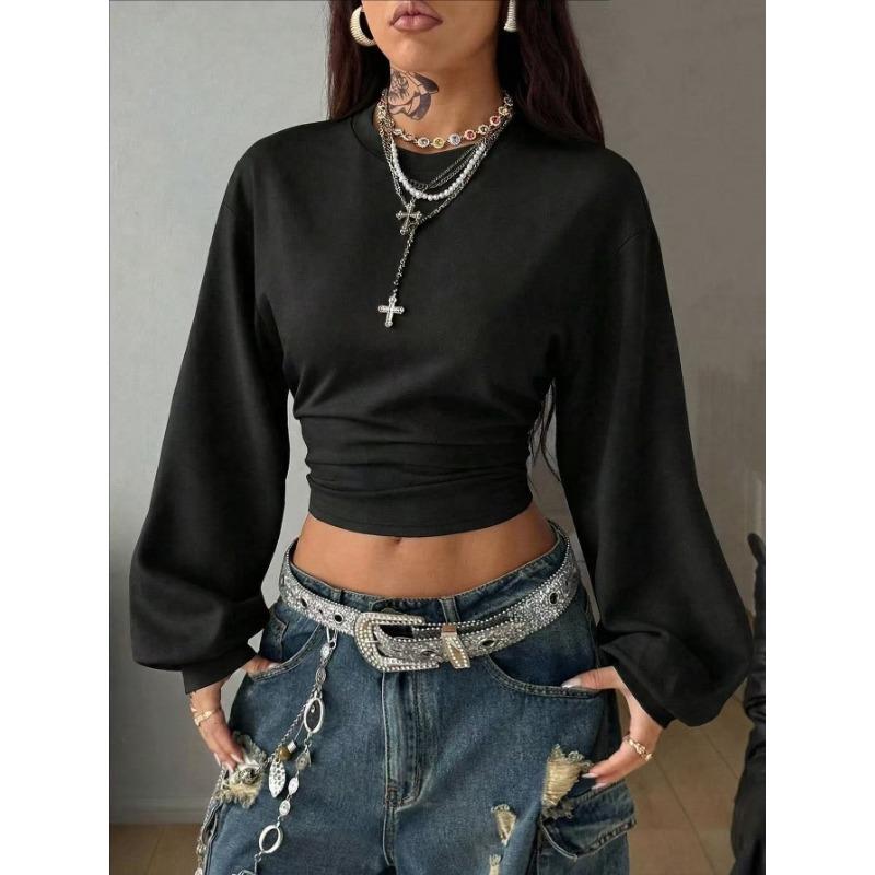 Sudadera con capucha corta para mujer Y2k, manga de farol, Streetwear, ajuste ceñido, top de manga larga