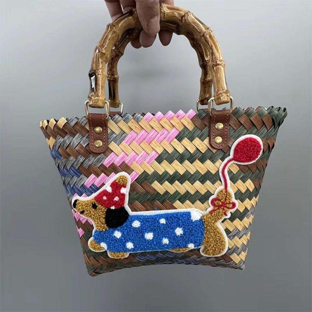 Puppy Pattern Retro Striped Woven Bag Bamboo Handle Summer Women's Handbag  Casual Shopping
