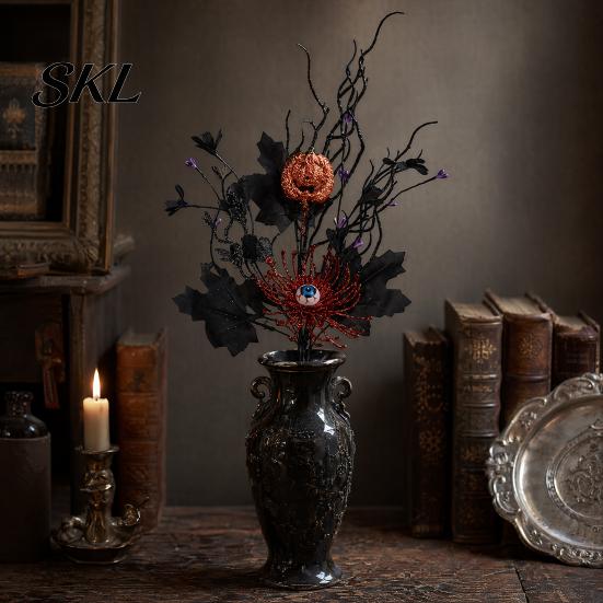 Reusable Halloween Decorations Artificial Branch with Pumpkin And Eyeball, Black Glitter Fake Twig Home Decor Maple Leaves for Gothic Vase Filler,