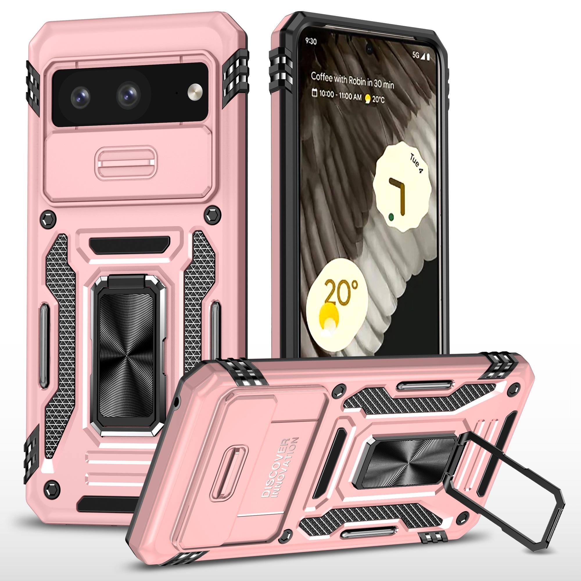 

For Google Pixel 8 Armor Series PC+TPU Phone Case Ring Kickstand Cover with Slide Camera Window Rose Gold