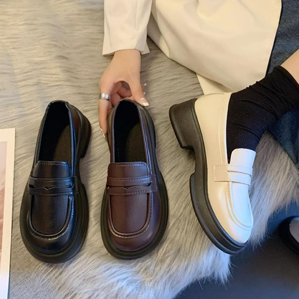 Small Leather Shoes for Women Autumn British Style Black Thick-soled Loafers One-step Uniform Shoes