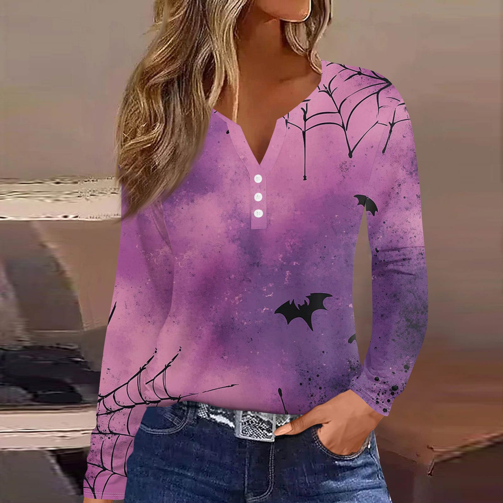 

Жен. Футболка Футболка на пуговицах с длинным рукавом Повседневные Выходные Мода Классический Топ с v-образным вырезом Обычный M