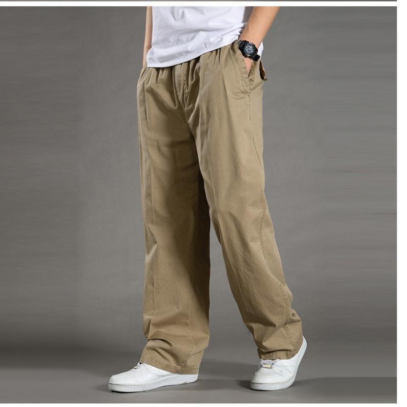 Summer Thin Men's Casual Pants Plus Fat Large Size Loose Middle-aged Men's Pants Large Size Pure Cotton Straight Elastic Waist