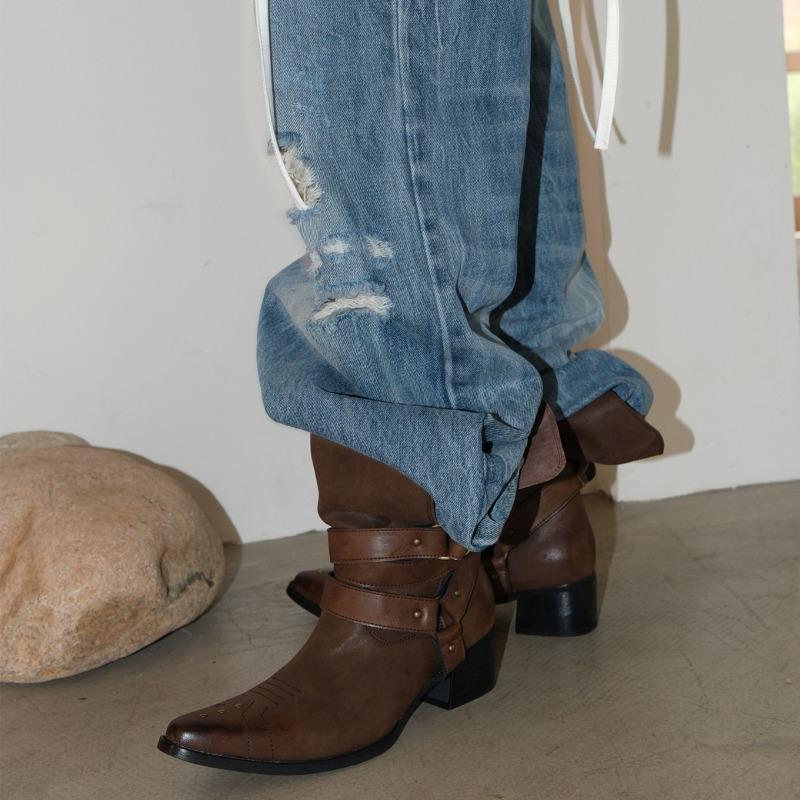 Sheepskin version of western cowboy boots spring new retro versatile metal buckle medium tube knight boots
