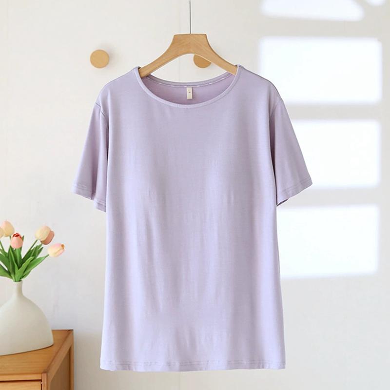 Women O-neck T-shirt with Built-in Bra Casual Solid Color Short Sleeve Top