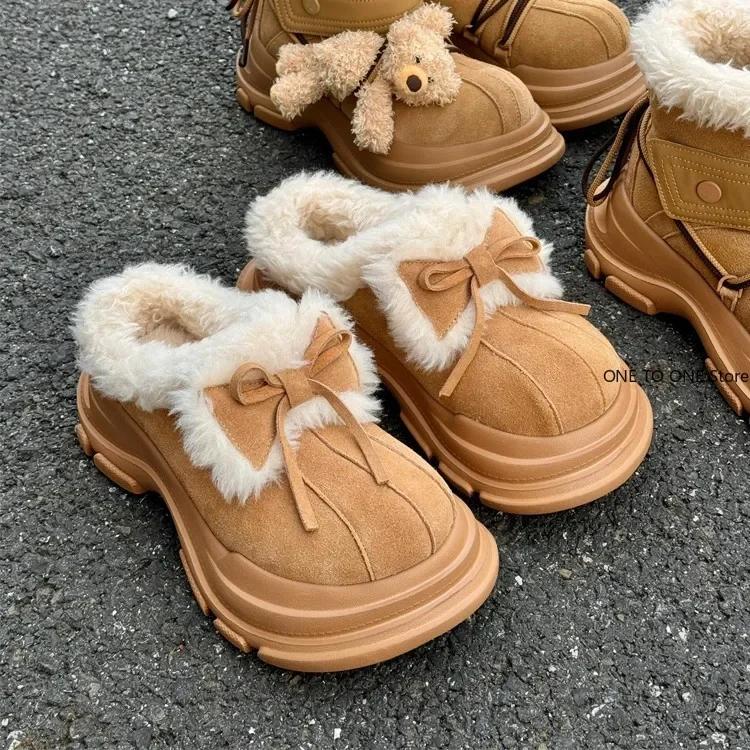 Fashion Platform Women Bow Snow Boots Fur Slippers 2025 Winter Suede Shoes Short Plush Warm Flip Flops Ankle Shoes Women Chelsea Boots