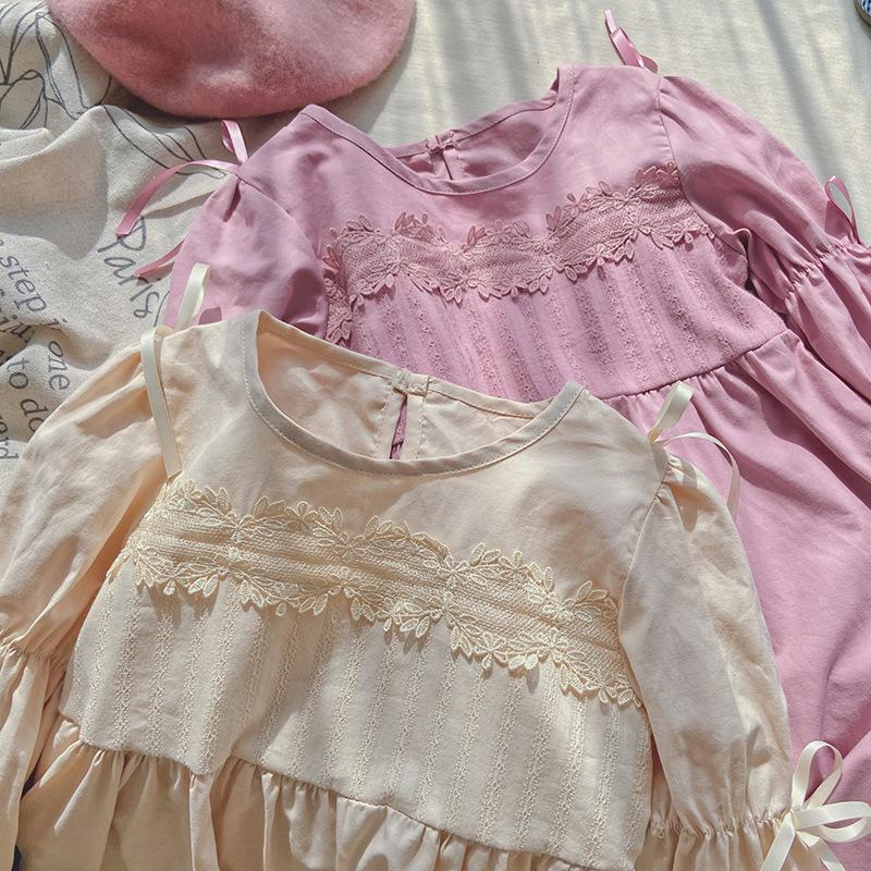 Spring Girls Princess Dress Long Sleeve Round Neck Lace Bow Puff Sleeve Cute Kids Party Dress Fashionable Children Clothing