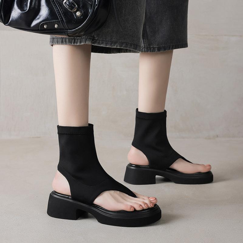 New women's platform sandals casual black large size shoes summer sandals sleeve one pedal women's cool boots round head