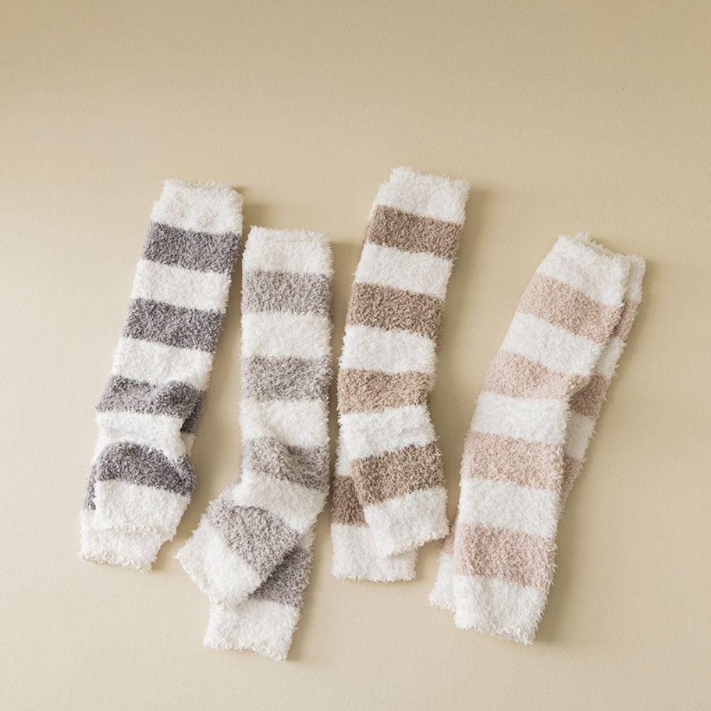 Thicken Warm Coral Fleece Stockings Stripe Floor Plush Stockings Cute Foot Warmer Winter