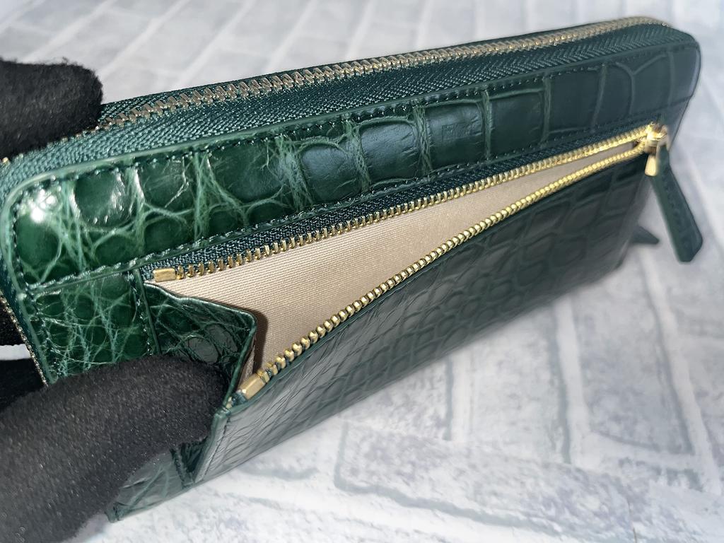 GUODI Long Wallet with Round Zipper, Genuine Crocodile Leather, Matte Finish, TK-RP10LW6 (Cyprus Green)