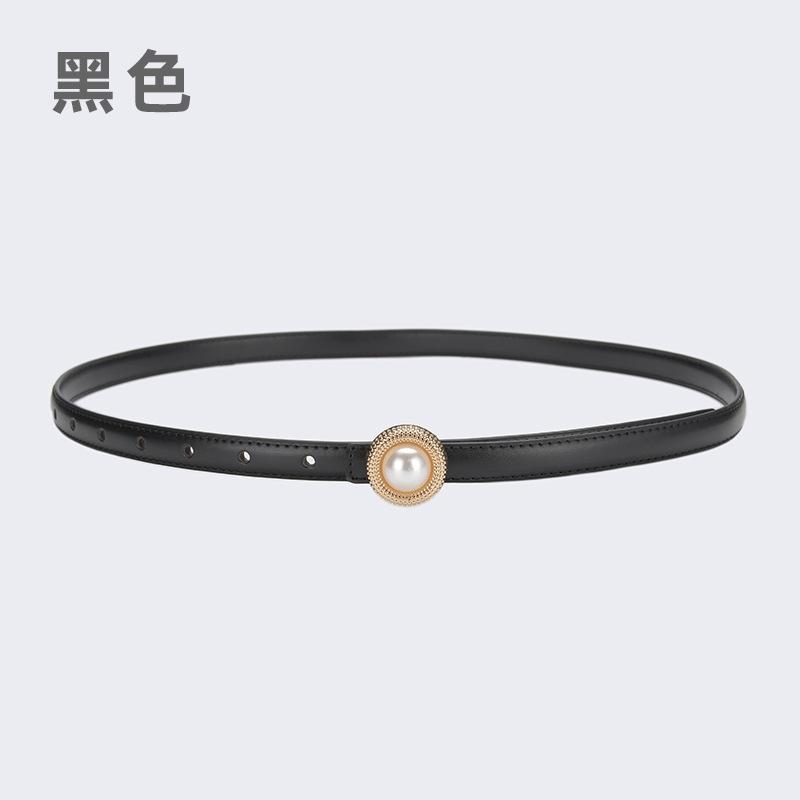 Cowhide Leather Pearl Thin Belt Women'S Summer Style Suit Belt Black Jeans Belt