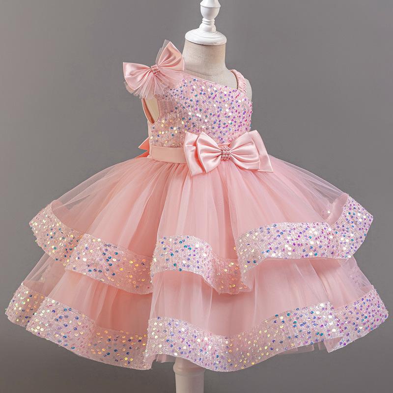 Kids Girls Princess Sequined Puffy Tulle Birthday Performance Party Dress 90cm розовый