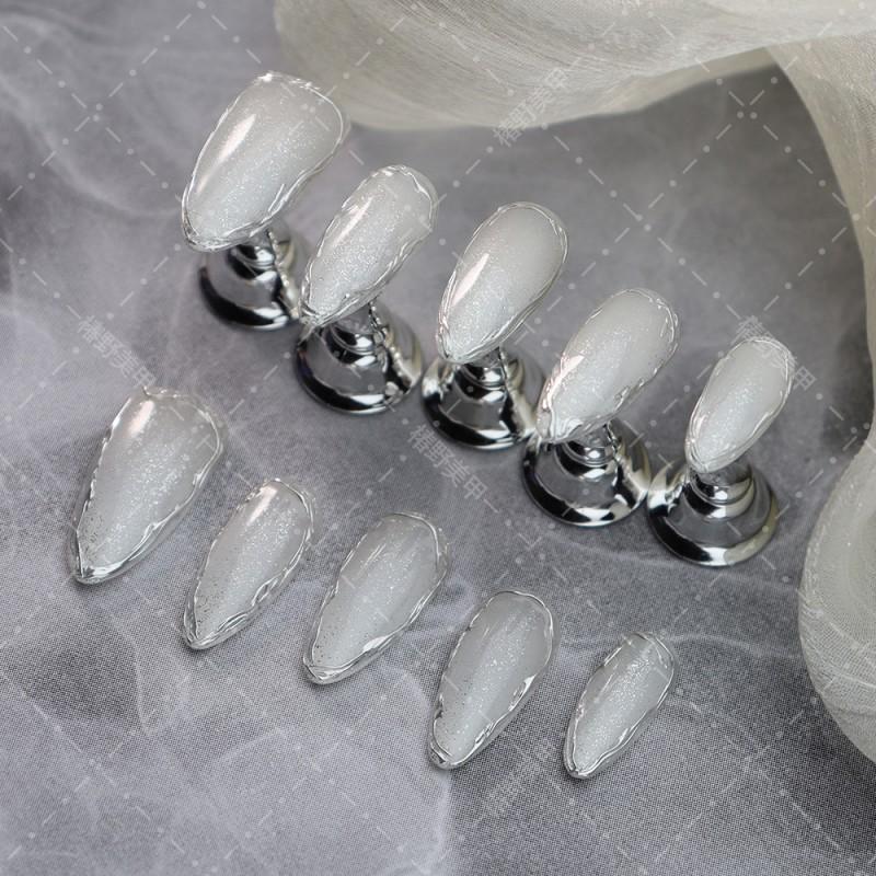 Hand-Painted Gel Nail Tips With Cat Eye Effect Icy Sheer Finish Almond Shape Wearable Press-On Nails Women