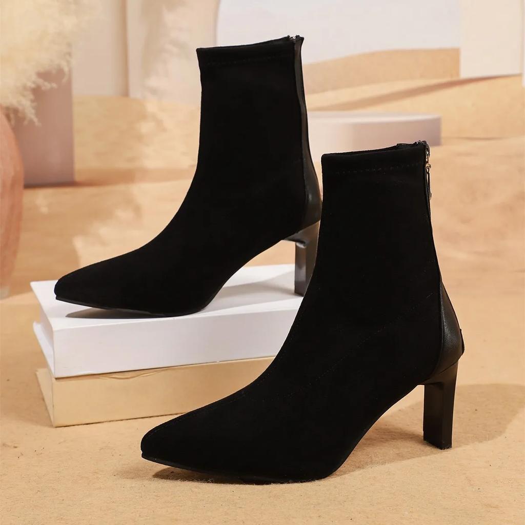 Fashion Women Ankle Boots  Autumn Faux Suede High Heel Dress Shoes Sexy Pointed Toe Women Short Boots Zip Anti-Slip Botas Mujer
