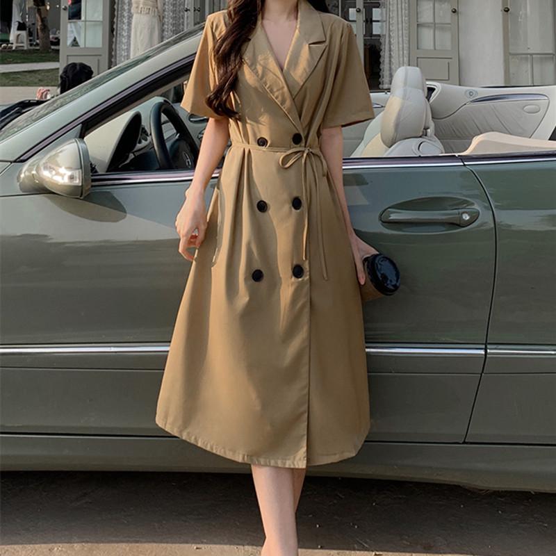 

Women s Solid Color Slimming Summer Dress with Suit Collar: Mature Korean Style L хаки