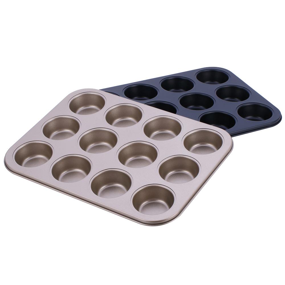 12 Cups Muffin Bun Cupcake Baking Bakeware Gold Black Non-Stick Carbon Steel Tray Cup Cake Mold