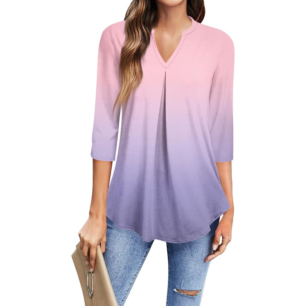 Women's Fashion Casual Three-Quarter Sleeve T-Shirt Printed V-Neck Top