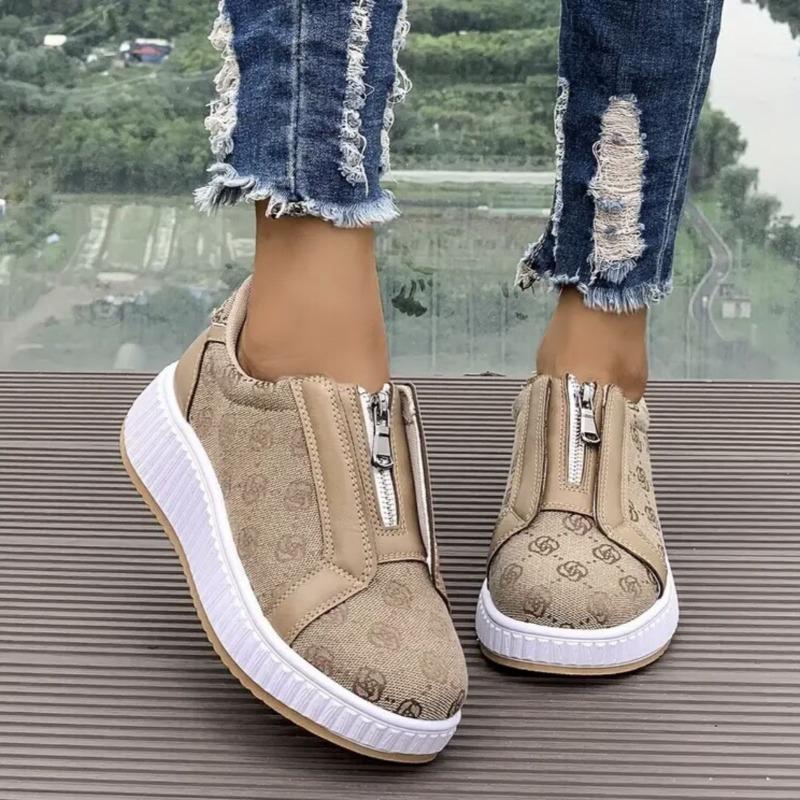 Women's Slip-On Flats, Front Zipper Canvas Casual Shoes, Plus Size Comfortable Loafers