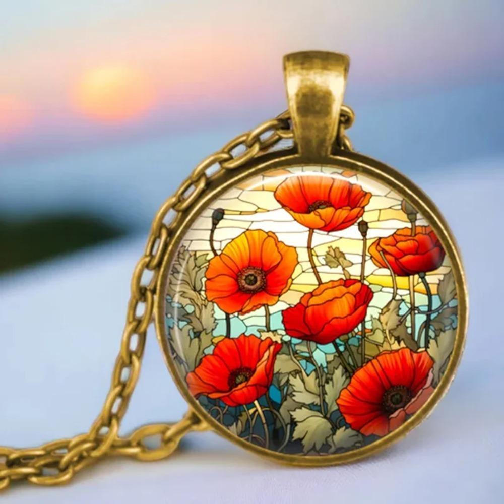 Vintage Antique Gold Plated Colorful Sweet Pea Flower Glass Pendant Necklace For Women Jewelry