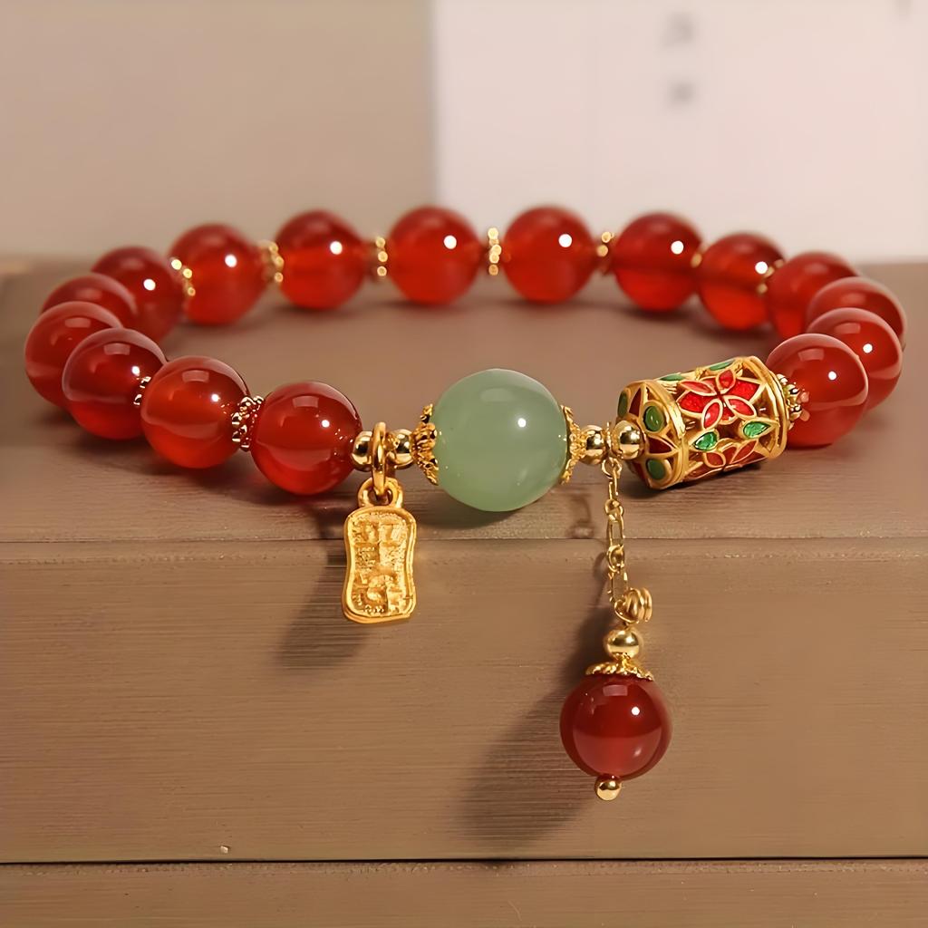 1pc Lucky Bracelet for Women Men, Retro Synthetic Red Agate Bracelet For Family Friend, Niche Red Bead Bracelet