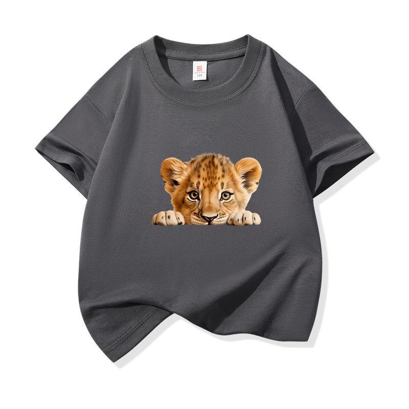 Kids Cotton T Shirt Cute Peeking Lion Cub Print Crew Neck Short Sleeve Tee Casual Breathable Boys Girls Summer Tops