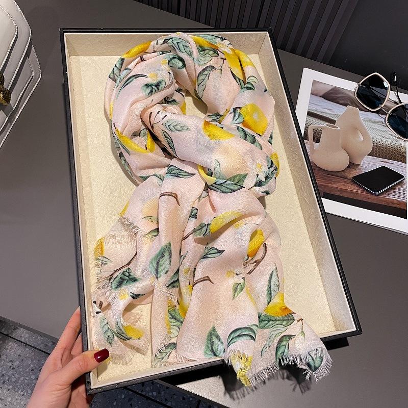 New Fashion Lemon Tree Floral Viscose Soft Scarf Boho Chic Thin Fringe Shawl Women Perfect for Travel & Casual Muslim Hijab