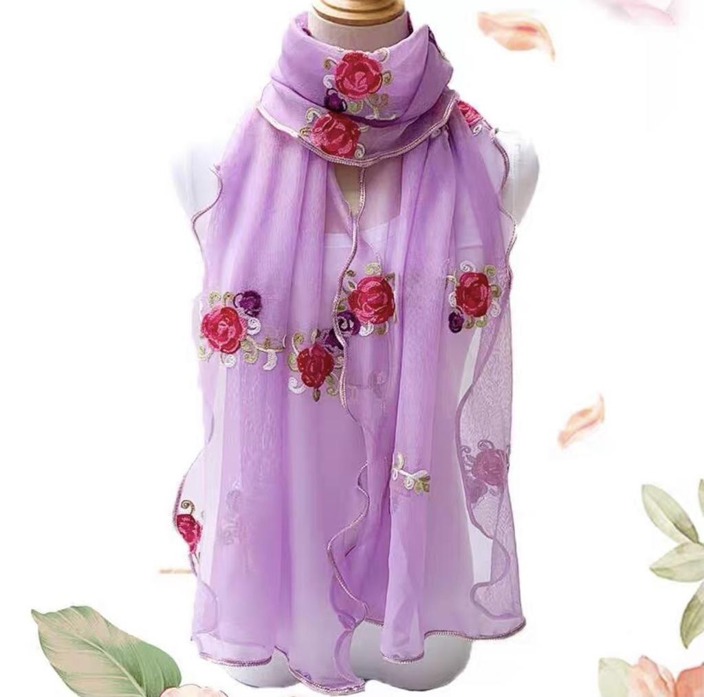 Gold Rose Embroidered Silk & Gauze Shawl for All Seasons - Women's Lace-Trimmed, Double-Layer Versatile Scarf