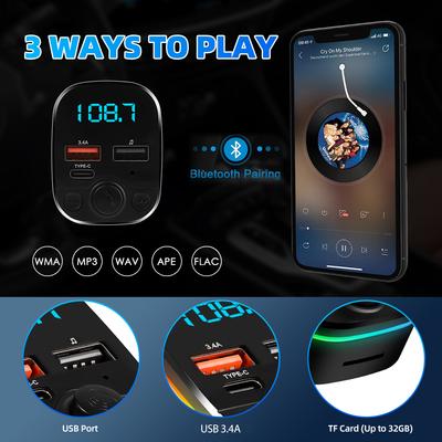 Car FM Transmitter Bluetooth 5.0 Handsfree With Type-C Dual USB 3.4A Fast Charger Ambient Light Cigarette Lighter FM Modulator