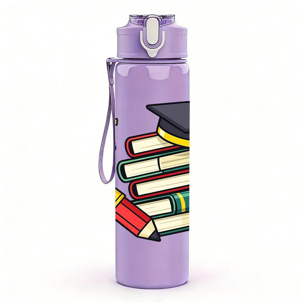 1PC Graduation Book Pencil Theme 750ml Color Plastic Sports Water Bottle Leakproof Flip Straw Lid Suitable for Sports Office Home Use