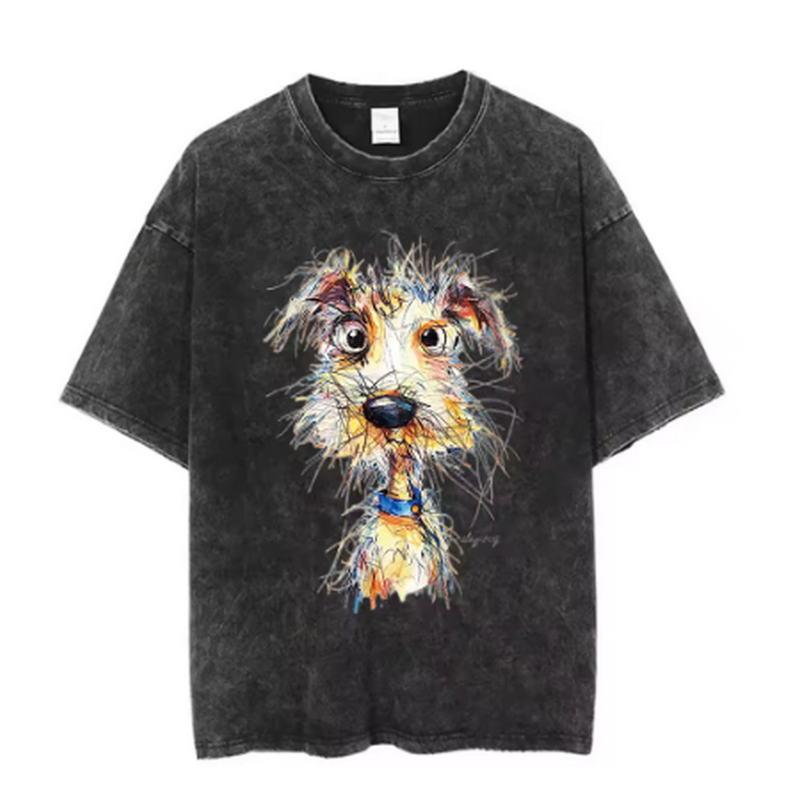 Abstract Dog Graphic Washed T Shirt Men Women Artistic Puppy Print Oversized Tee Vintage Casual Short Sleeve Harajuku Streetwear