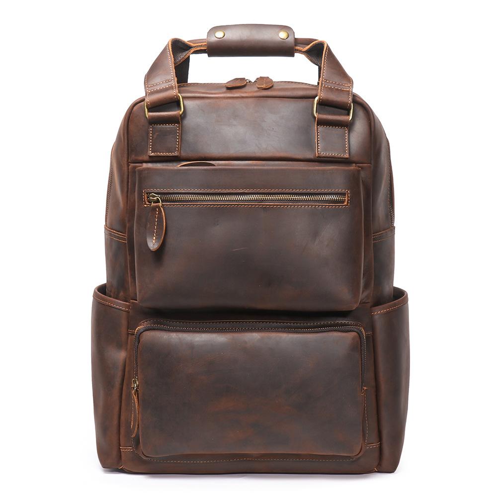 Men'S Vintage Crazy Horse Leather Backpack Mountaineering Travel Leather Backpack Large Capacity Computer Bag