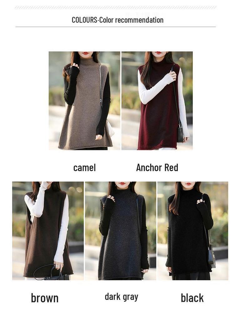 Korean Style Half-High Neck Fleece Knit Vest for Women – Autumn Winter, Loose Mid-Length Sleeveless Sweater