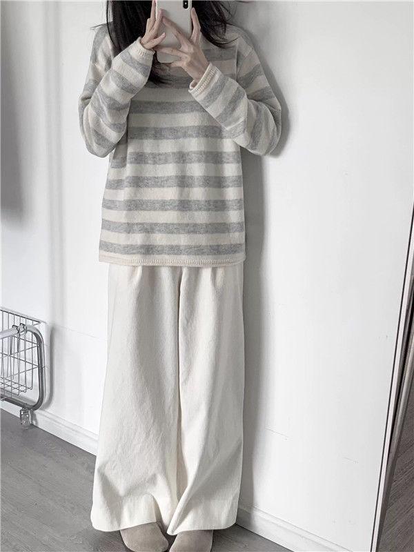 Women's Korean Color Block V-Neck Striped Sweater - Autumn/Winter 2025 Loose Knitted Pullover