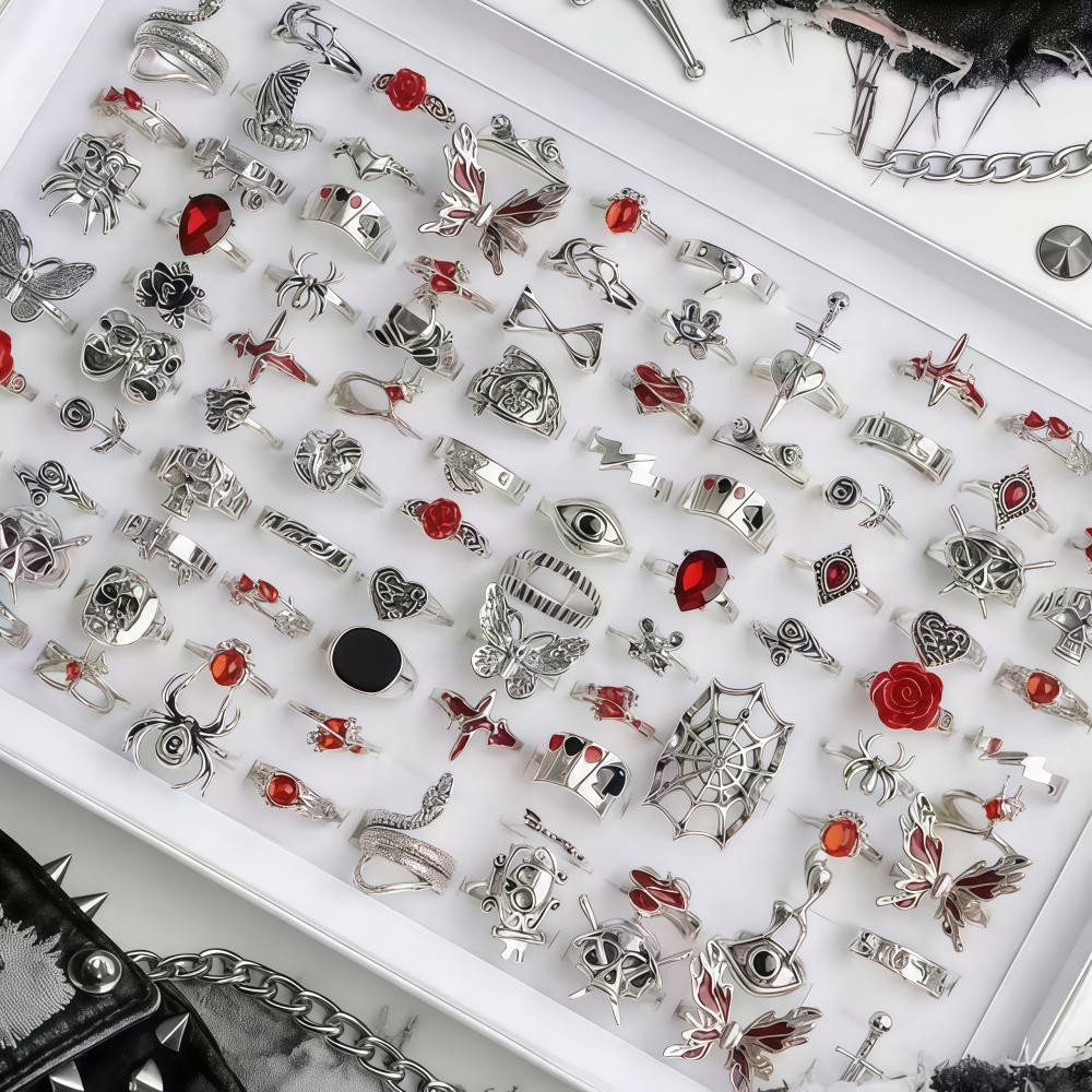 10/15/20/30/50 Τεμάχια Vintage Punk Αράχνη Κρανίο Φίδι Δαχτυλίδια Σετ Για Γυναίκες Μίξη Στυλ Γοτθικό Σκοτεινό Στυλ Δαχτυλιδάκια Δώρα Πάρτι