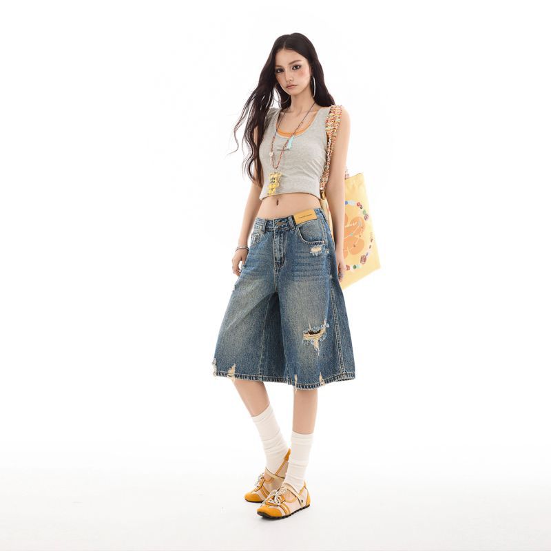 Vintage verwaschene Five Points Weitbein Y2K Lässige Jeansshorts für Damen Sommer Lässige Hosen Übergröße Denim-Hosen