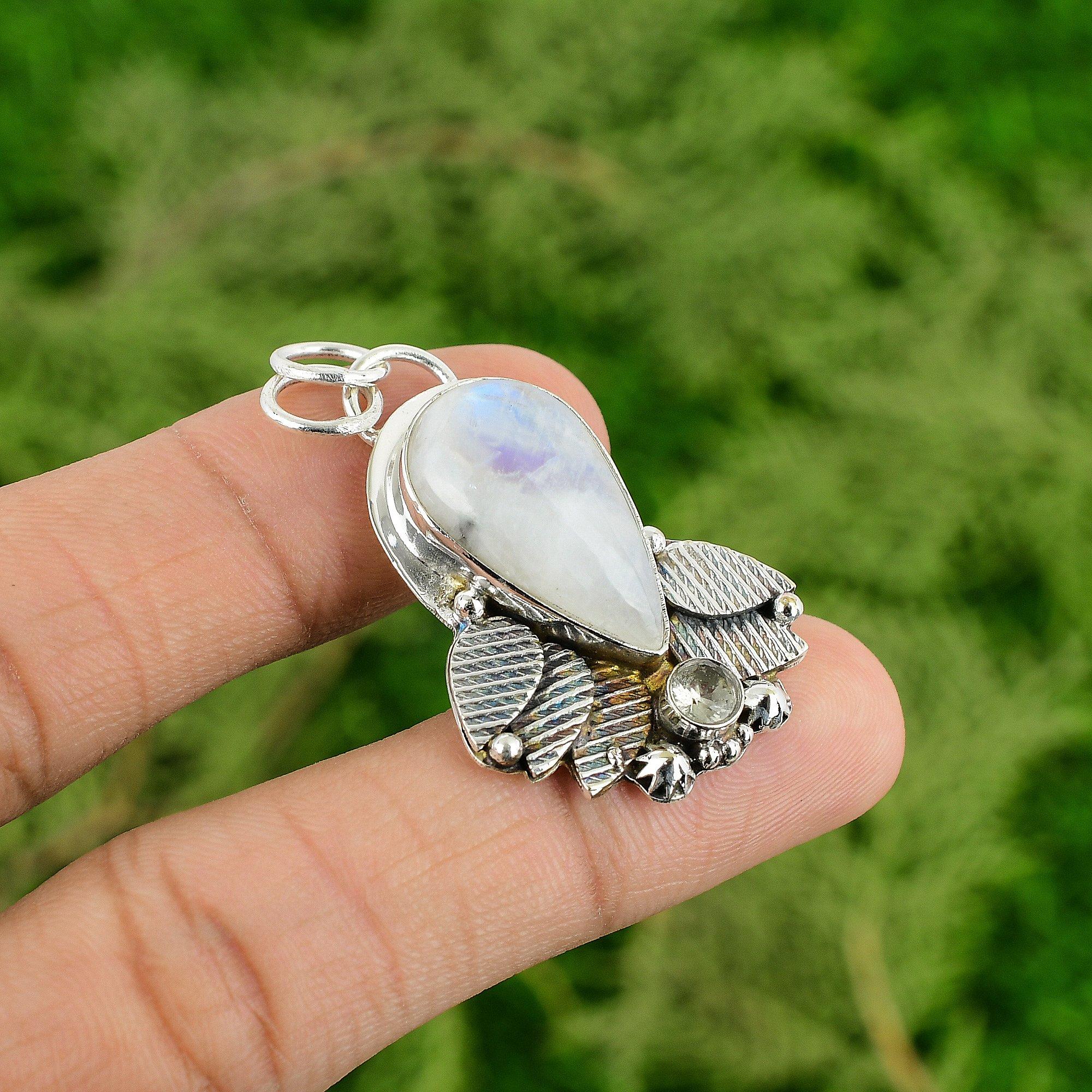 

Natural Rainbow Moonstone White Topaz Engagement New Pendant 925 Sterling Silver