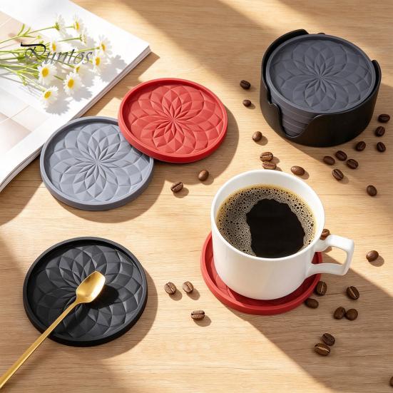 Modern Kitchen Table Accessories Silicone Coaster Set with Holder, Non Slip Diamond Pattern Drink Coasters for Drinks Cups Glasses, Heat Resistant Mat