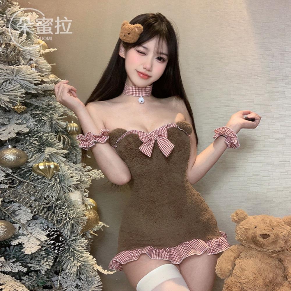 Fun Plush Backless Maid Bear Nightdress, Sexy Lace Bow Pajamas Hip Skirt Wholesale F570