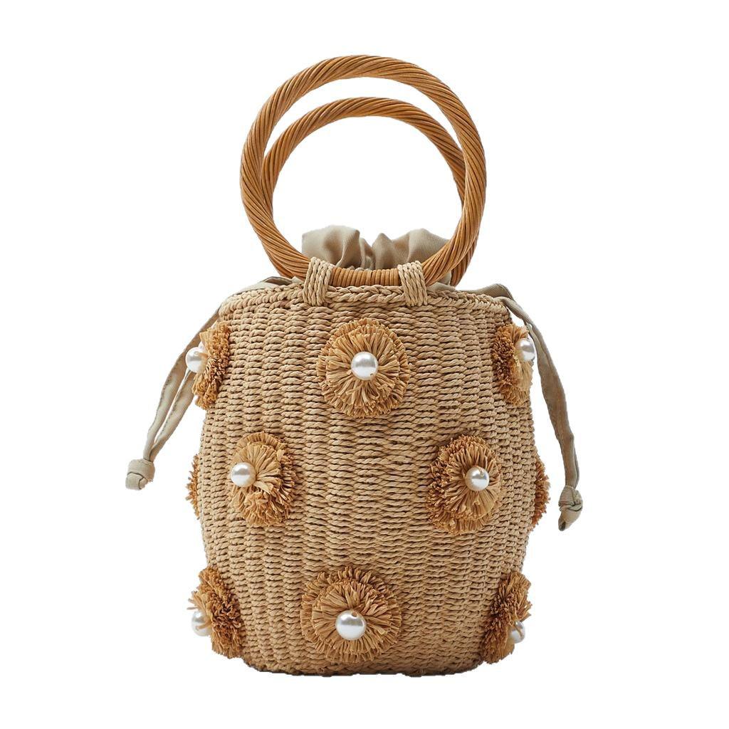 Z New Women's Straw Basket Handbag with Flower & Artificial Pearl Decoration