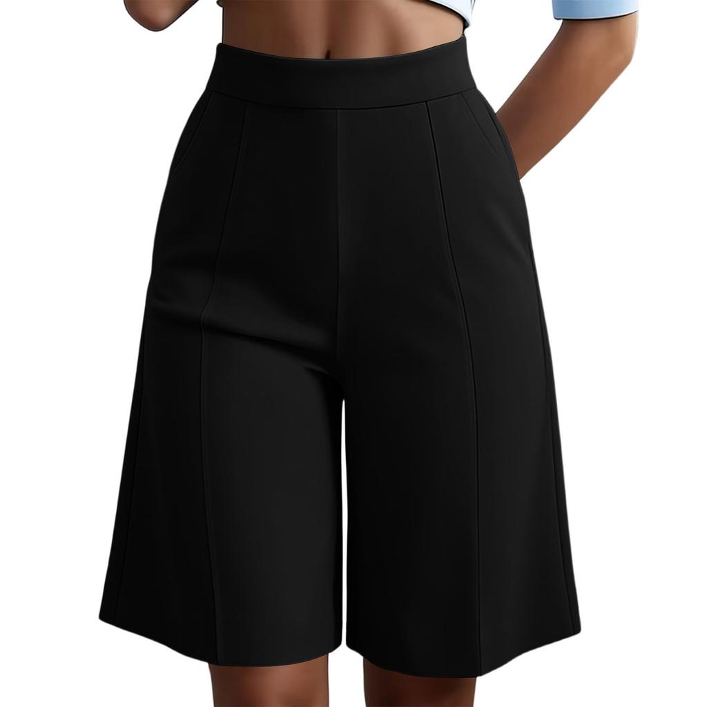 Women's High Waist Elastic Waistband Wide Leg Casual Shorts with Pockets Loose Fit Comfortable Summer Bottoms