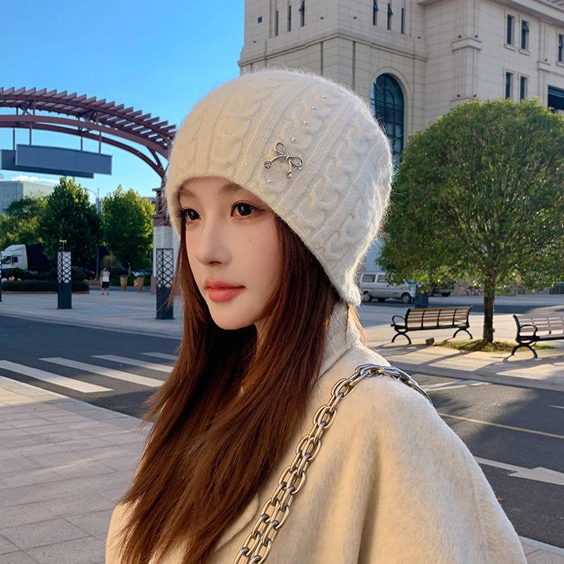 Knitted Hat Women's Autumn and Winter Elegant Stacking Wool Hat Cute Butterfly Ear Protector Headhat