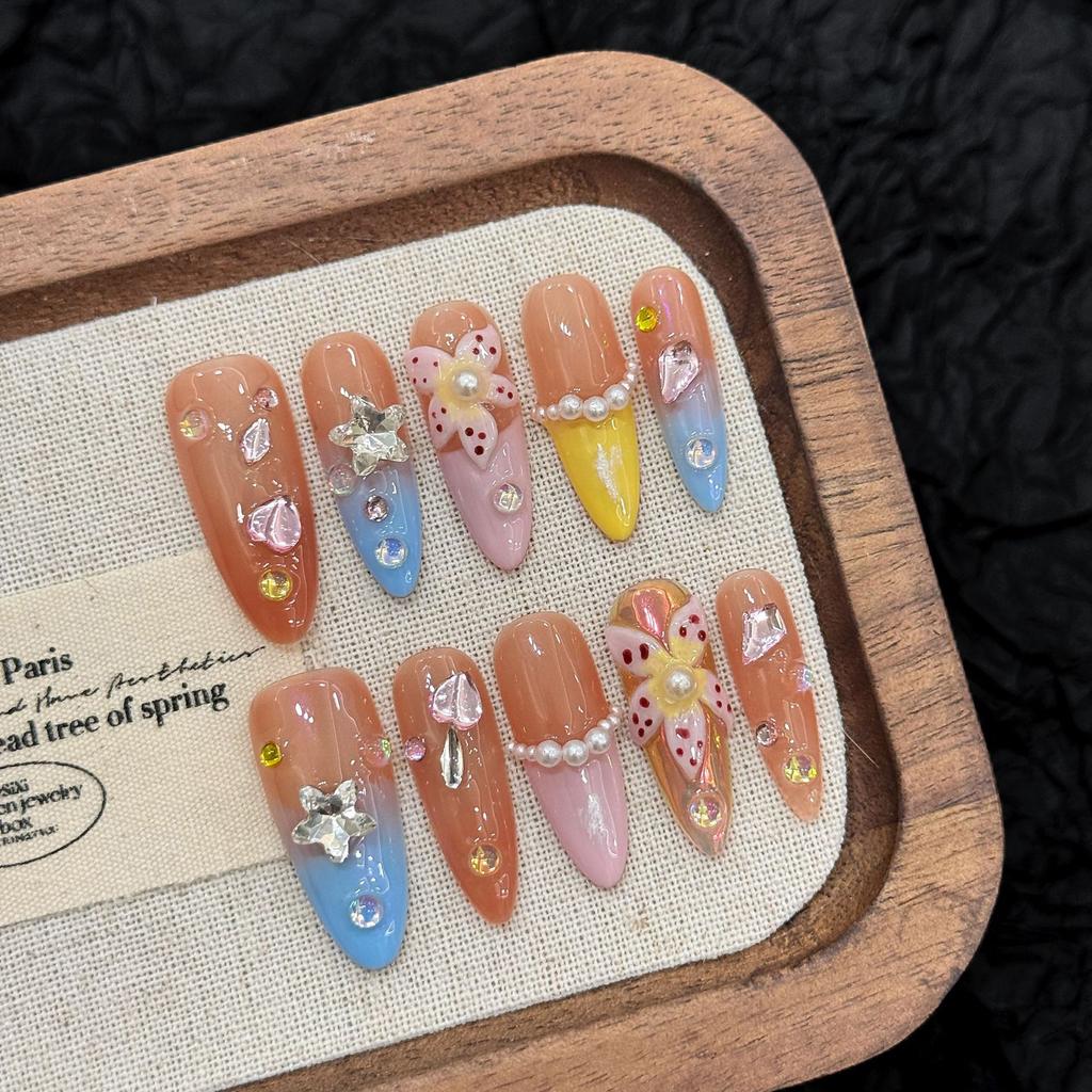 10pcs Handmade Press On Nails 3D Colorful Summer Sea Starfish Designs False Nail Patches For Women  Wearable Almond Fake Nails