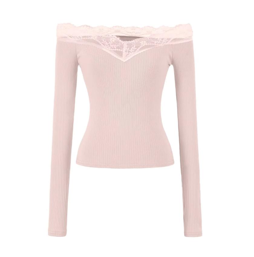 Lace One-word Shoulder Long-sleeved T-shirt Women's Spring and Summer New American Spice Girl Solid Color Splicing Bottoming Shirt Top