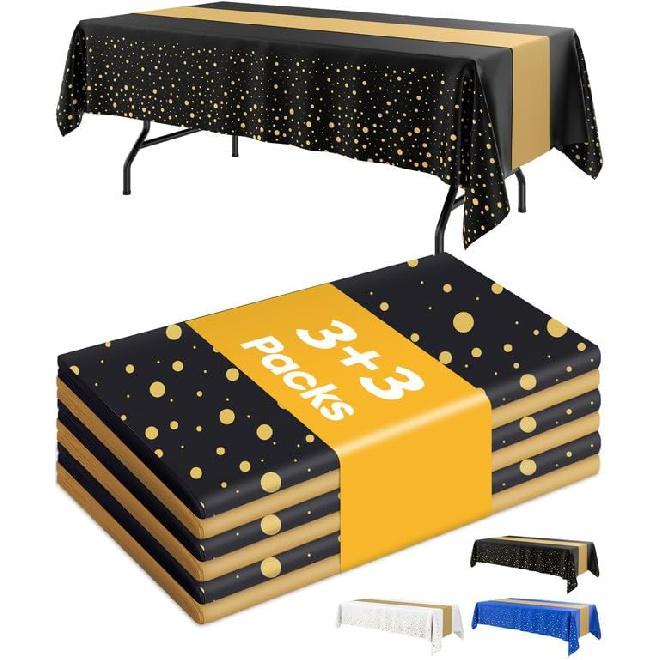 New Year Table Cloth for Rectangle Table and Table Runner Set - 3+3 Pack, Plastic Table Cloth Disposable, Black and Gold Tablecloth for Graduation
