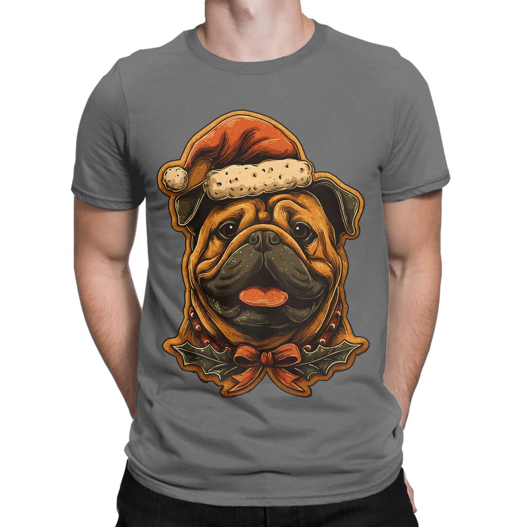 Streetwear T Shirt Summer Christmas British Bulldog with Santa Hat T-Shirts  Cotton Tshirt for Male Short Sleeve Top Tees