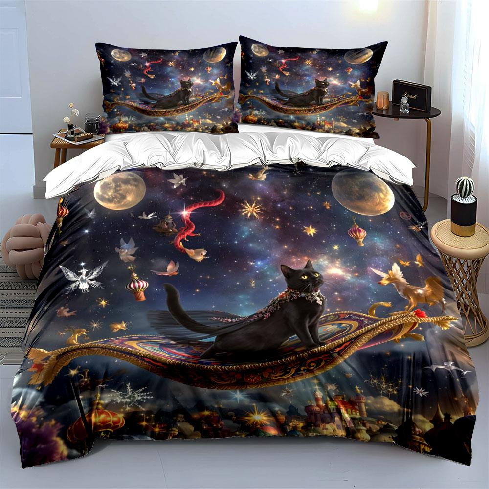 Magical Cat Adventuring Night Sky Exquisite Three-Piece Bedding Set Gift For Kids And Adults