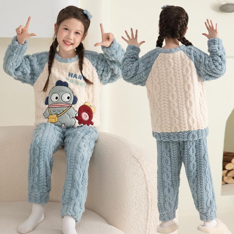 Girls Coral Fleece Pajama Set With Hooded Cartoon Character Design Winter Warm Sleepwear Kids 8 Years