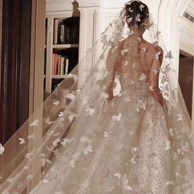 Mori Style White Butterfly Bridal Veil & Fishtail Wedding Dress with Pearl Headpiece