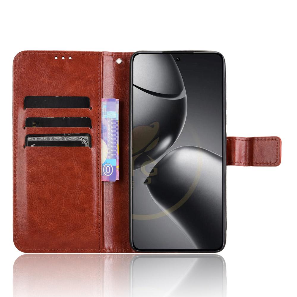 

For Xiaomi 14T Case Crazy Horse Texture PU Leather Phone Wallet Cover Brown